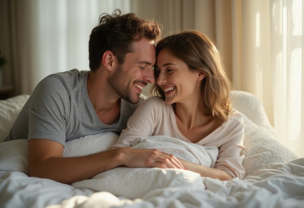 Happy couple smiling and sharing an intimate moment in a cozy, sunlit bedroom, conveying love, connection, and warmth.